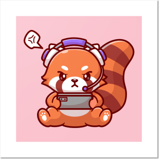 Cute Red Panda Playing Game With Headphone Cartoon Posters and Art